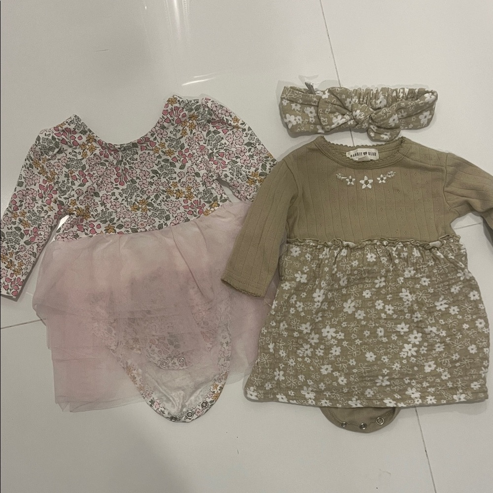 Dress romper bundle. Rabbit+Bear organic olive flower & Milkberry floral tutu